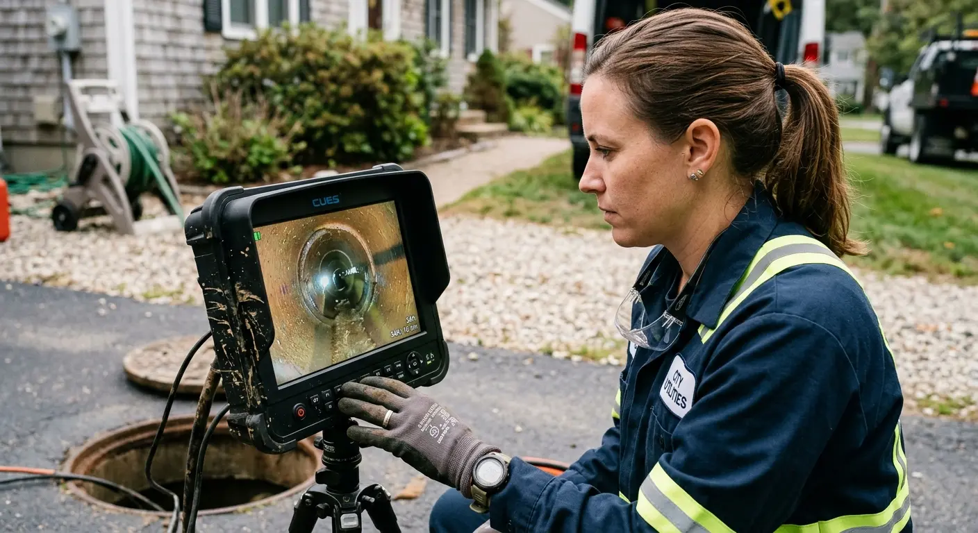 Technician reviewing sewer camera inspection footage in Waikele