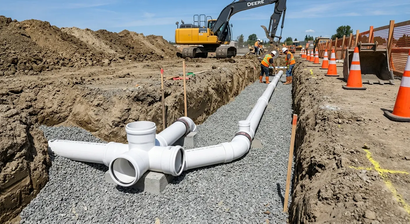 New PVC sewer pipe installation in open trench for Grease Trap Cleaning in Waikele