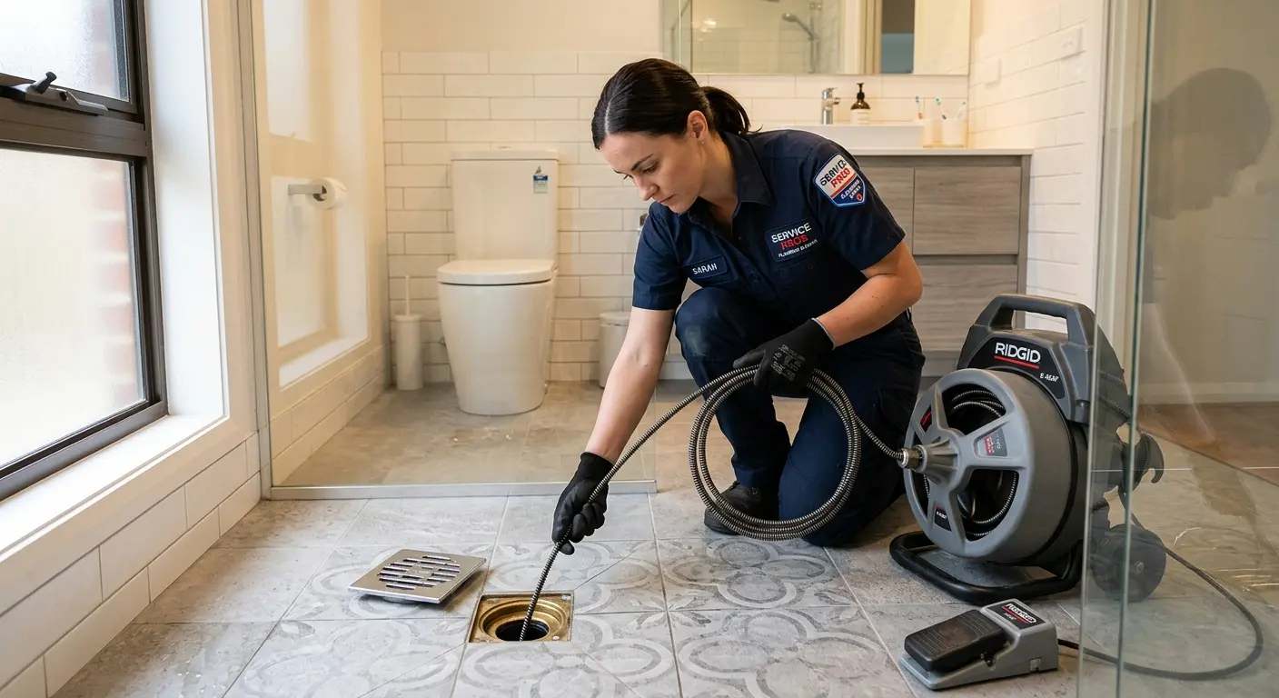 Technician clearing a bathroom floor drain for Drain Cleaning in Waikele